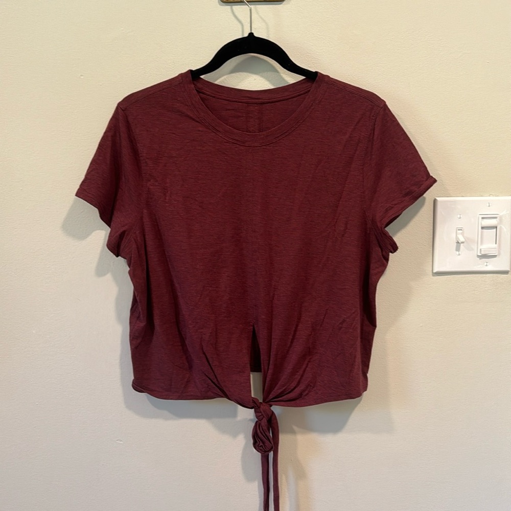 lululemon athletica Short Sleeve Tie-Front Tee in Burgundy